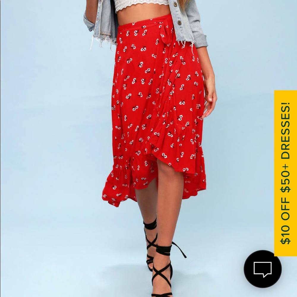 Lulus/Billabong Dancing Til Dawn Red Floral Print Midi Wrap Skirt